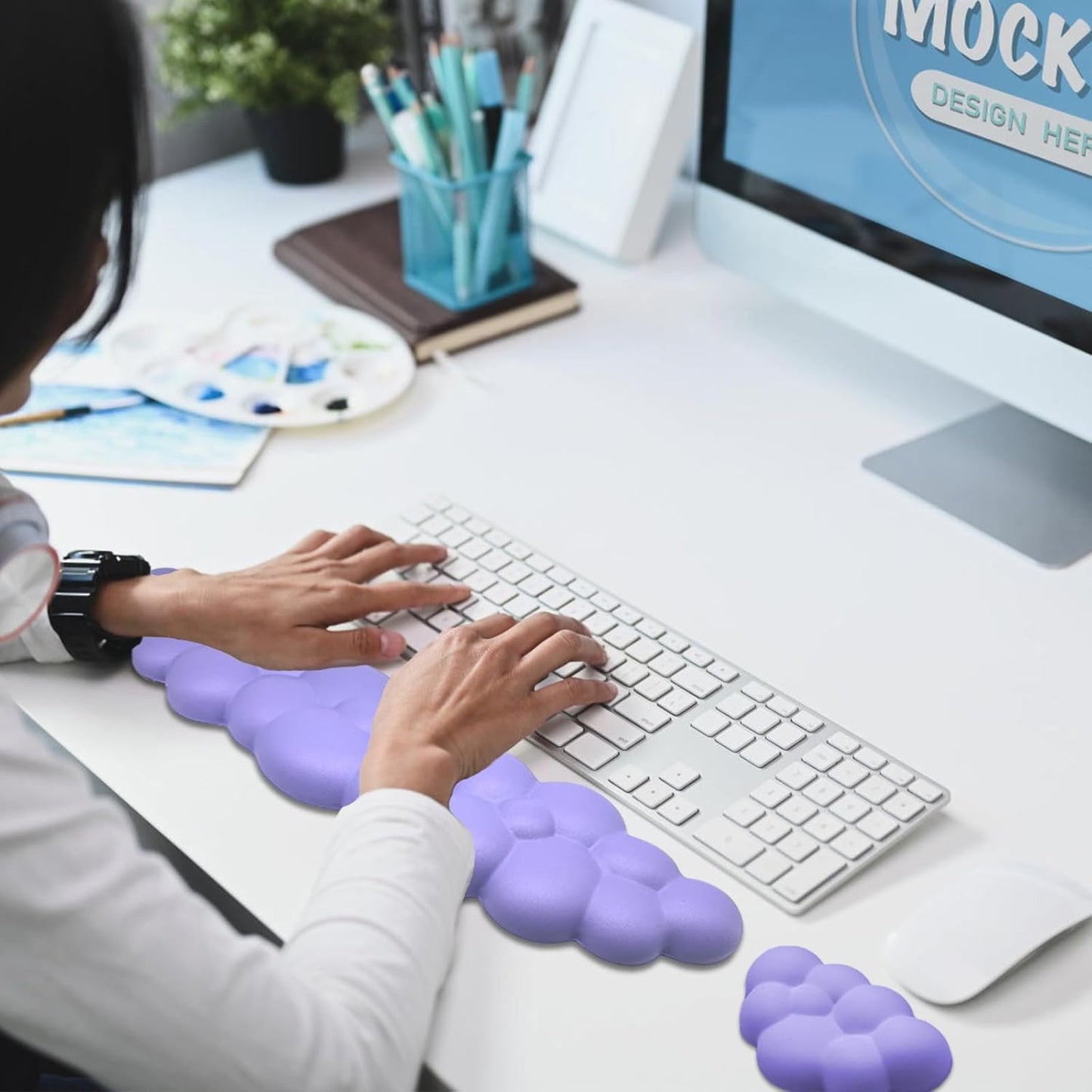 Cloud Wrist Rest Keyboard, PU Leather Memory Foam Wrist Rest for Computer Keyboard, Ergonomic Keyboard Wrist Rest and Cute Mouse Wrist Rest for Gaming,Office,Computer,Typing Pain Relief,Pastel Green