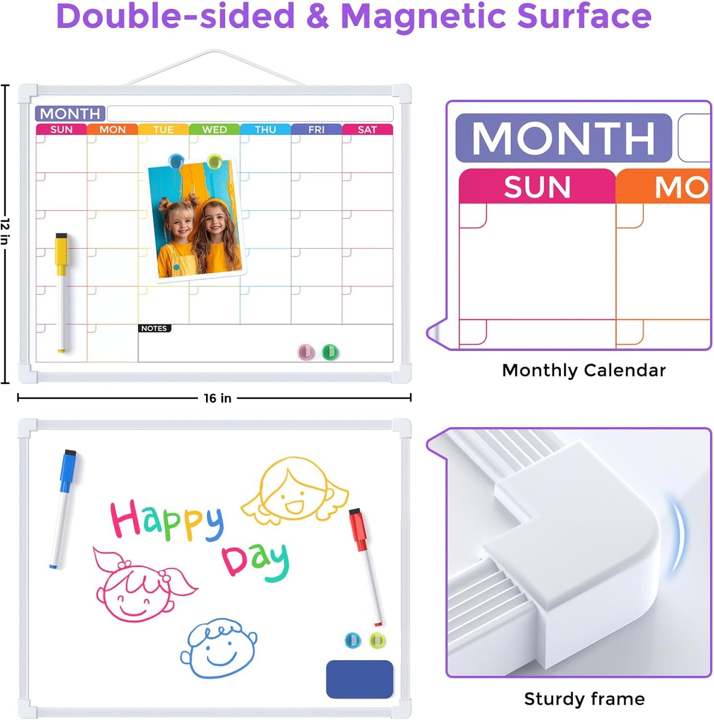 MaxGear Weekly Calendar Dry Erase Board for Wall, 16"x12" Small Hanging Double-Sided White Board with 5 Markers & 4 Magnets, Portable Whiteboard for Students - Planning, Drawing, Memo, to Do List