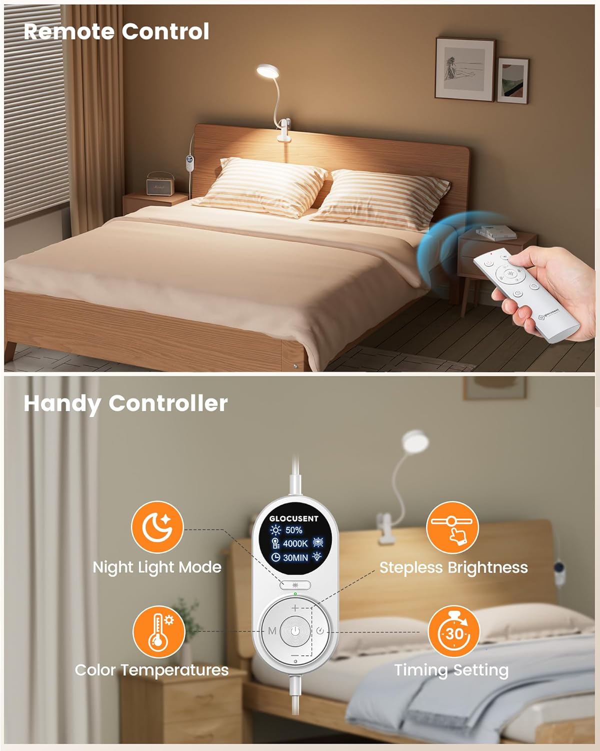 Glocusent 72 LED Clip on Lamp with Remote, Reading Light with Amber Ring, 3 Colors & 5 Dimmable Bed Lamp, 30/60-Min Auto Off Timer, Clamp Light for Headboard/Dorm/Bunk (Black)