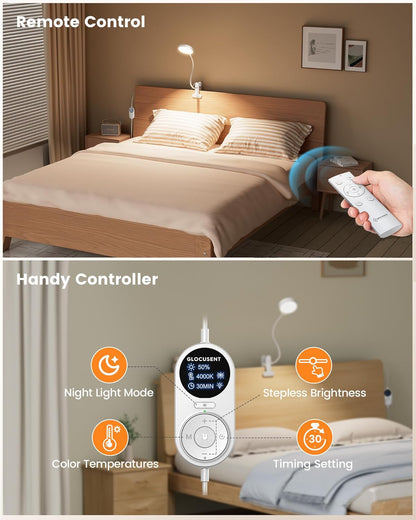 Glocusent 72 LED Clip on Lamp with Remote, Reading Light with Amber Ring, 3 Colors & 5 Dimmable Bed Lamp, 30/60-Min Auto Off Timer, Clamp Light for Headboard/Dorm/Bunk (Black)