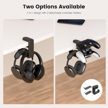 3in1 Rotating Headphone Holder - EURPMASK 3in1 PC Gaming Headset Holder w/Detachable Controller Holder, Adjustable Clamp-on Headset Stand,Headphone Hanger Hook Under Desk w/Cable Clip Organizer,Black
