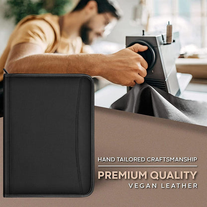Zippered Portfolio Organizer/ A4 Refillable Lined Writing Notepad Folder Case/Fabric-Covered Padfolio Binder with Interior Storage Pocket for Men Women.Classic Black