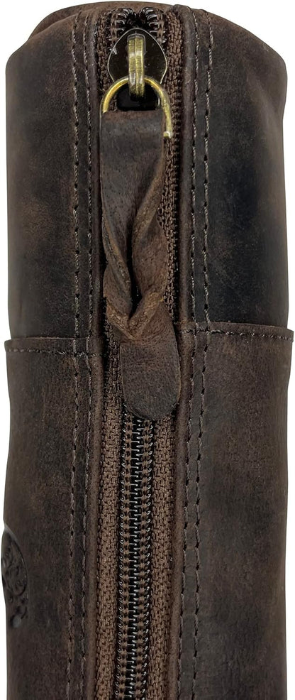 Rustic Town Leather Pencil Case - Full Grain Leather Zippered Pen Pouch - Stationery Bag Pen Holder for Work & Office