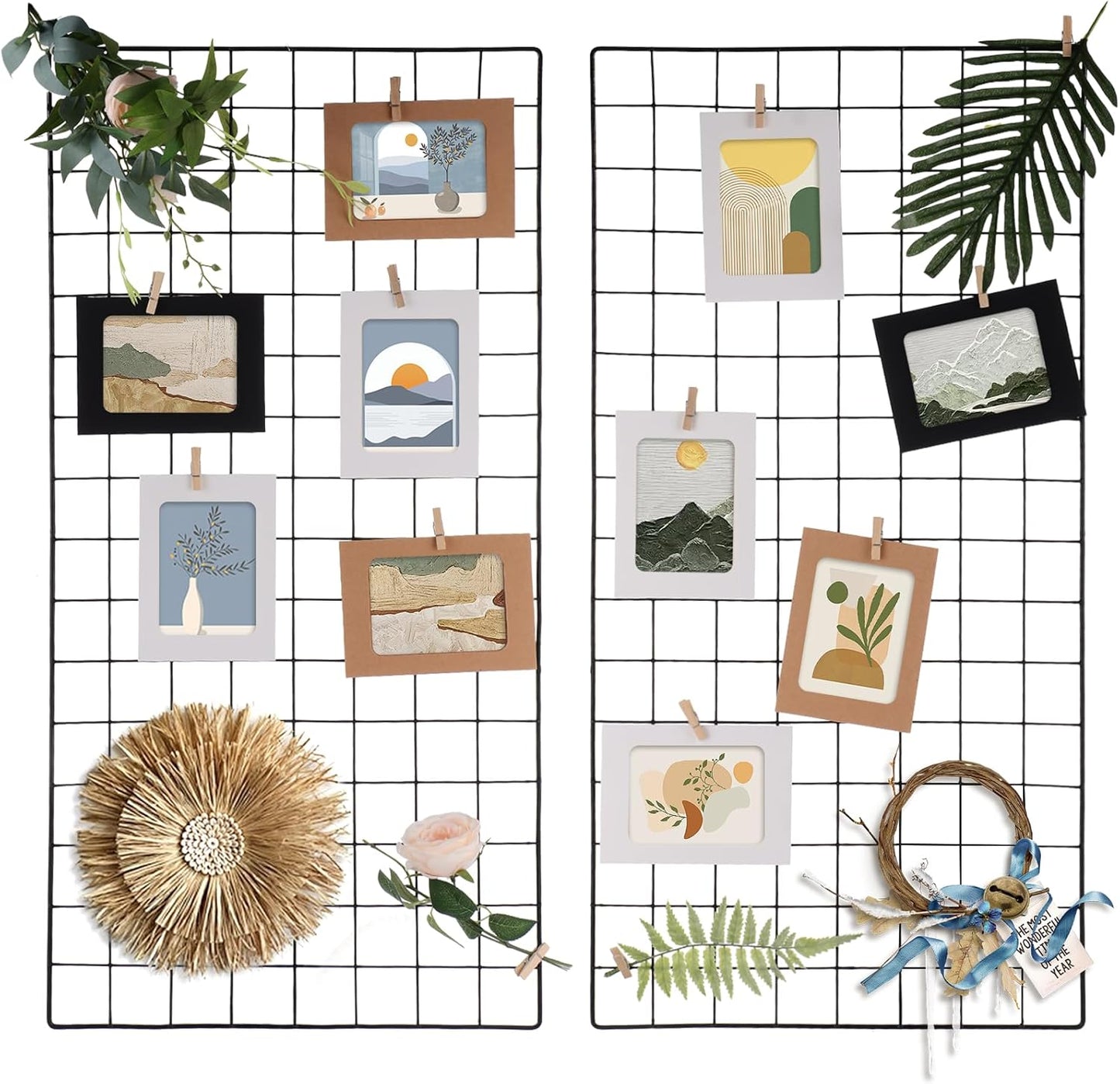 Lnrueg Wire Wall Grid Panel with Wall Grid Shelf with Photo Frames for Photo Display, Metal Mesh Message Board Memo Boards, Heavy Duty Gridwall Display Rack for Art Retail Display (Black-A)