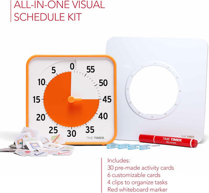 TIME TIMER Visual Schedule Package - 8-inch 60 Minute Visual Routine Timer with Dry Erase Board, PECS Cards, and Whiteboard Marker - for Kids Desk, Classroom, Home, and Routines (Orange)