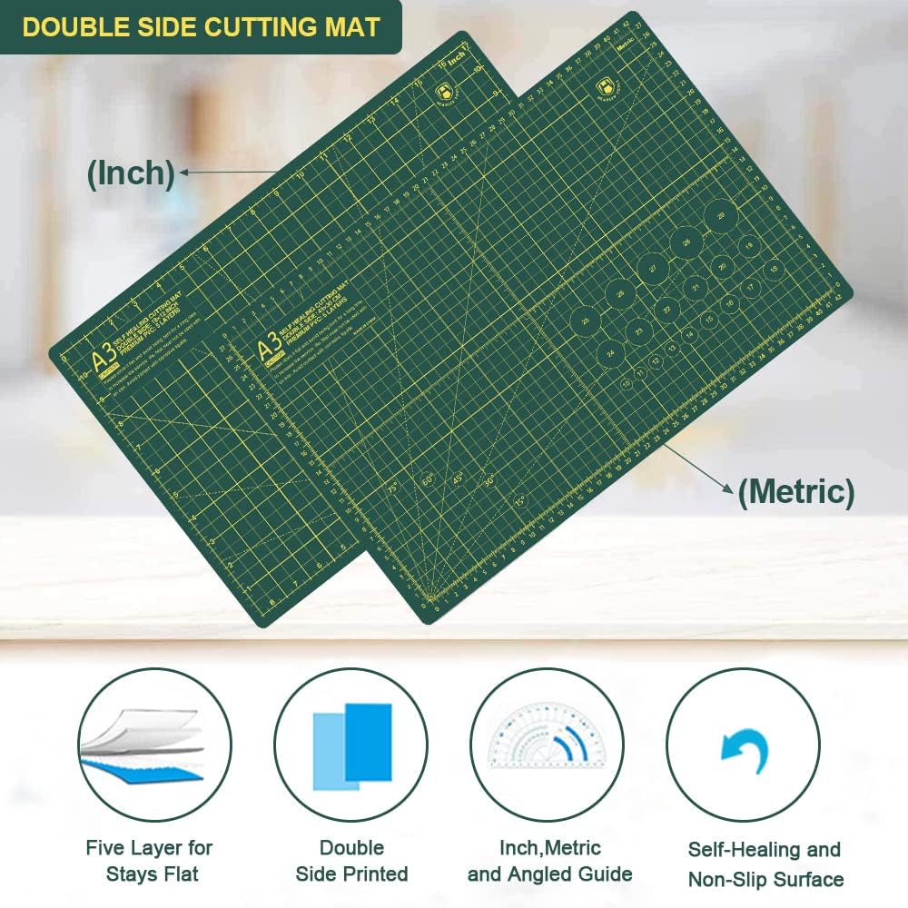HEADLEY TOOLS 18" x 24" Thickened Self Healing Cutting Mat, A2 Rotary Cutting Sewing Mat for Crafts, Double Sided 5-Ply Table Cutting Board for Fabric Quilting Leather Arts Hobby Project, Grey/Black