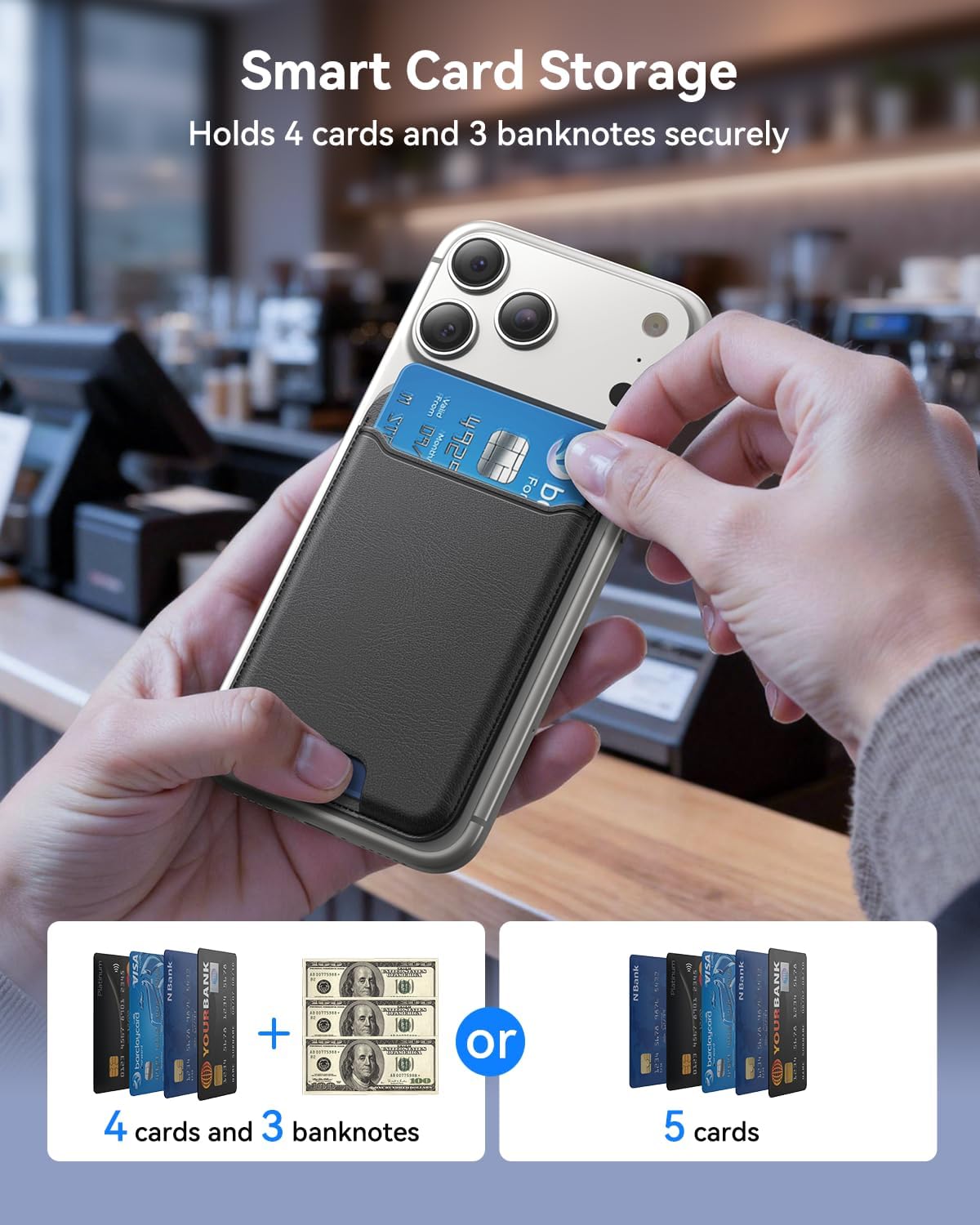 for MagSafe Wallet, Works with Apple Find My,5 Card Holder with Stand, Magnetic Phone Wallet Stand for iPhone 17/16/15/14/13/12 Pro Max Air Plus, RFID Blocking Vegan Leather,Black