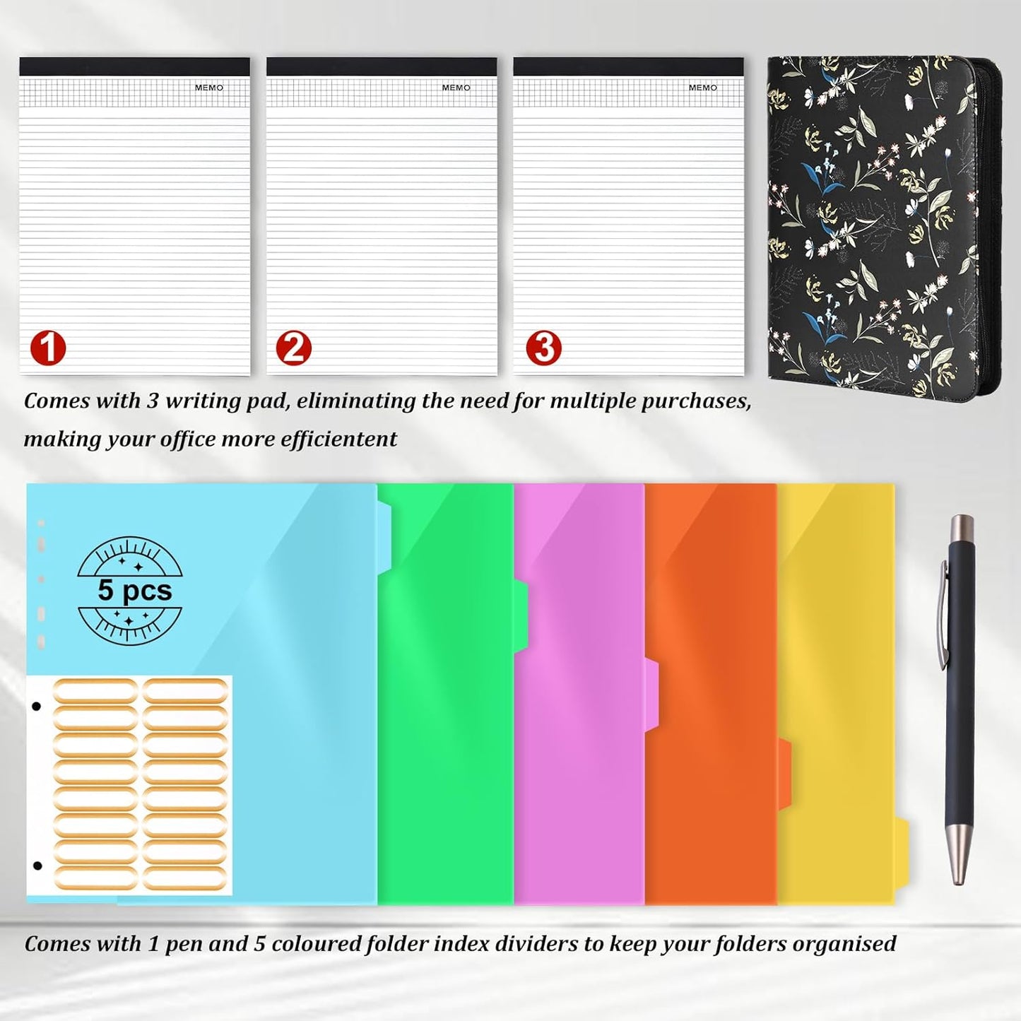 Leathario Portfolio Binder, Includes 10 Sheet Protectors and 3 Notepads, 3-Ring Folder Organizer, A4 Padfolio with Zipper, Vegan Leather Tablet Sleeve, Business Office Conference Clipboards