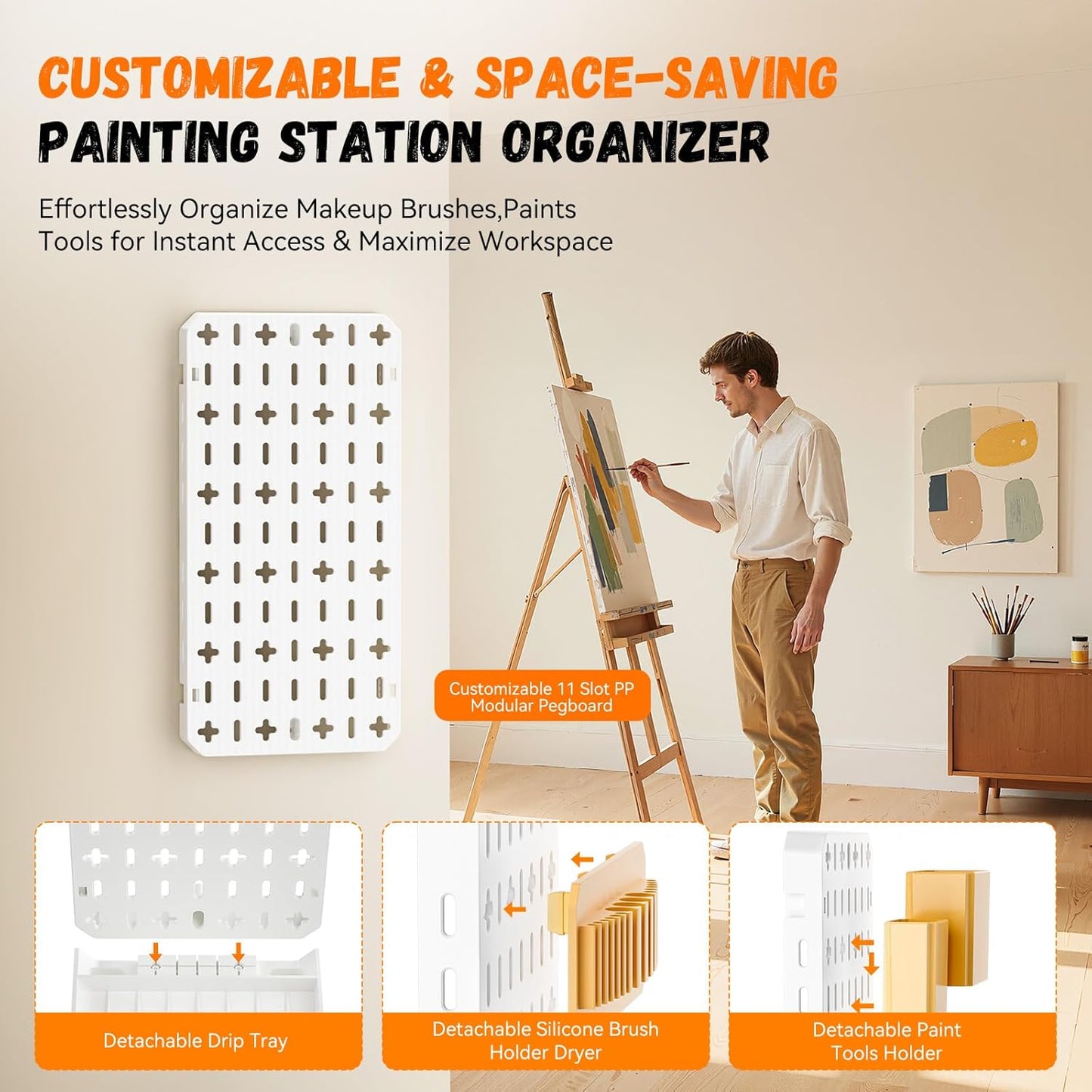 Paint Brush Holder with Drip Tray & Silicone Paint Brush Drying Rack,2 Removable Pegboard Bins for Artist Brush Holder,Paint Brush Stand White Pegboard for Desktop & Wall-Mount for Acrylic Paint Brush