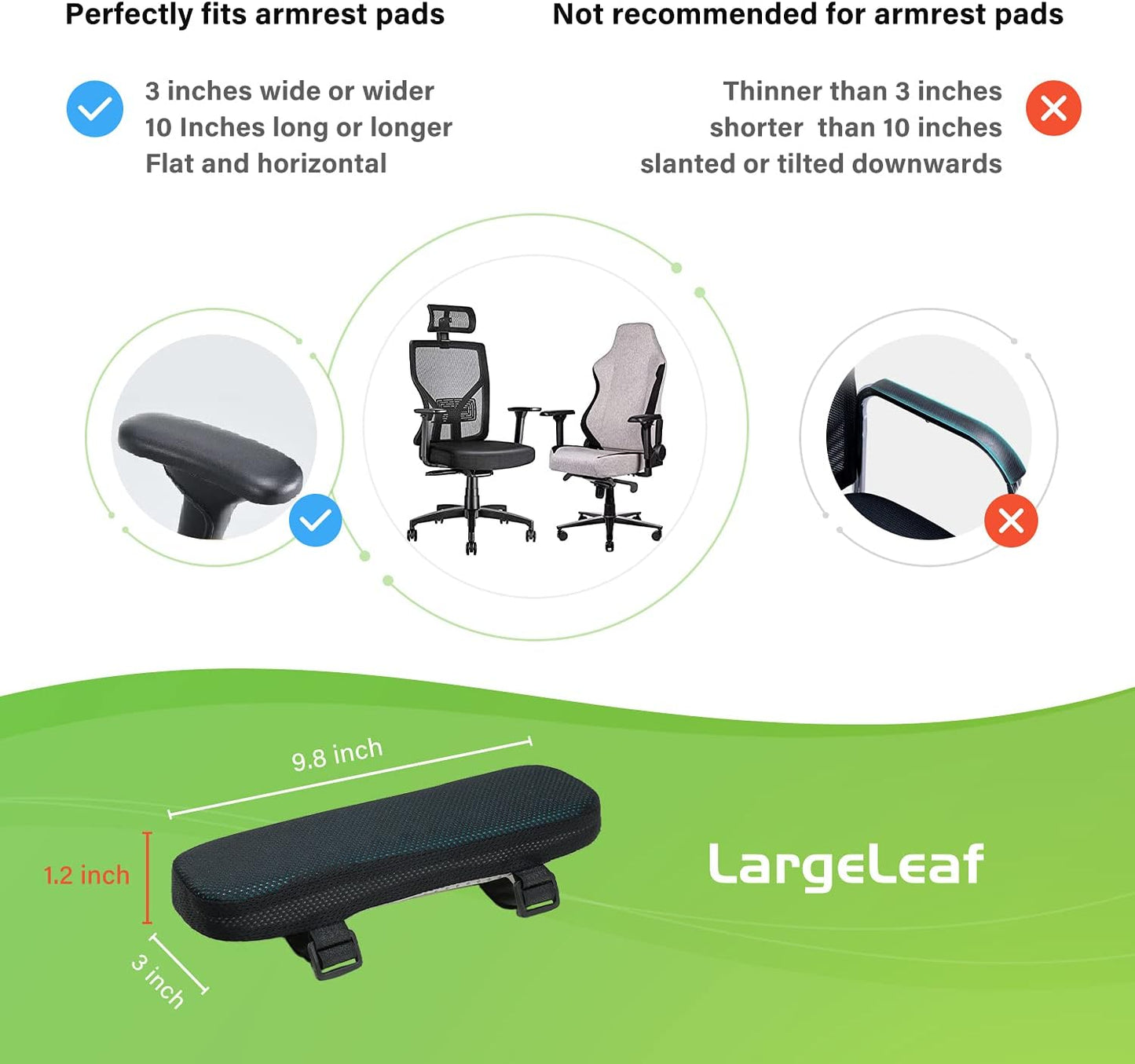 LargeLeaf Chair Armrest Cooling Gel Cushions Elbow Pillow Pressure Relief Office Chair Gaming Chair armrest with Memory Foam armrest Pads 2-Piece Set of Chair