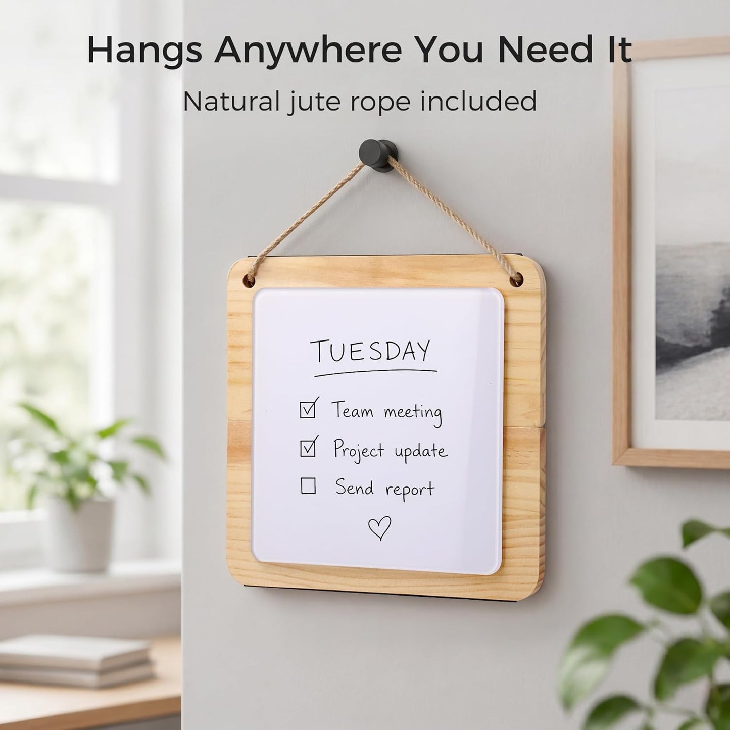 Magnetic Glass Desktop Whiteboard with Solid Wood Stand, Adjustable Foldable Mini Dry Erase Board, 2-in-1 Tabletop & Hanging Glassboard with Rustic Rope, Reusable Home Office School, Black and Square