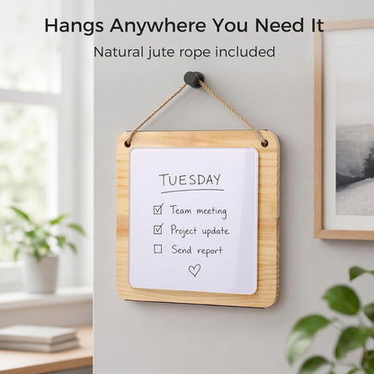 Magnetic Glass Desktop Whiteboard with Solid Wood Stand, Adjustable Foldable Mini Dry Erase Board, 2-in-1 Tabletop & Hanging Glassboard with Rustic Rope, Reusable Home Office School, Black and Square
