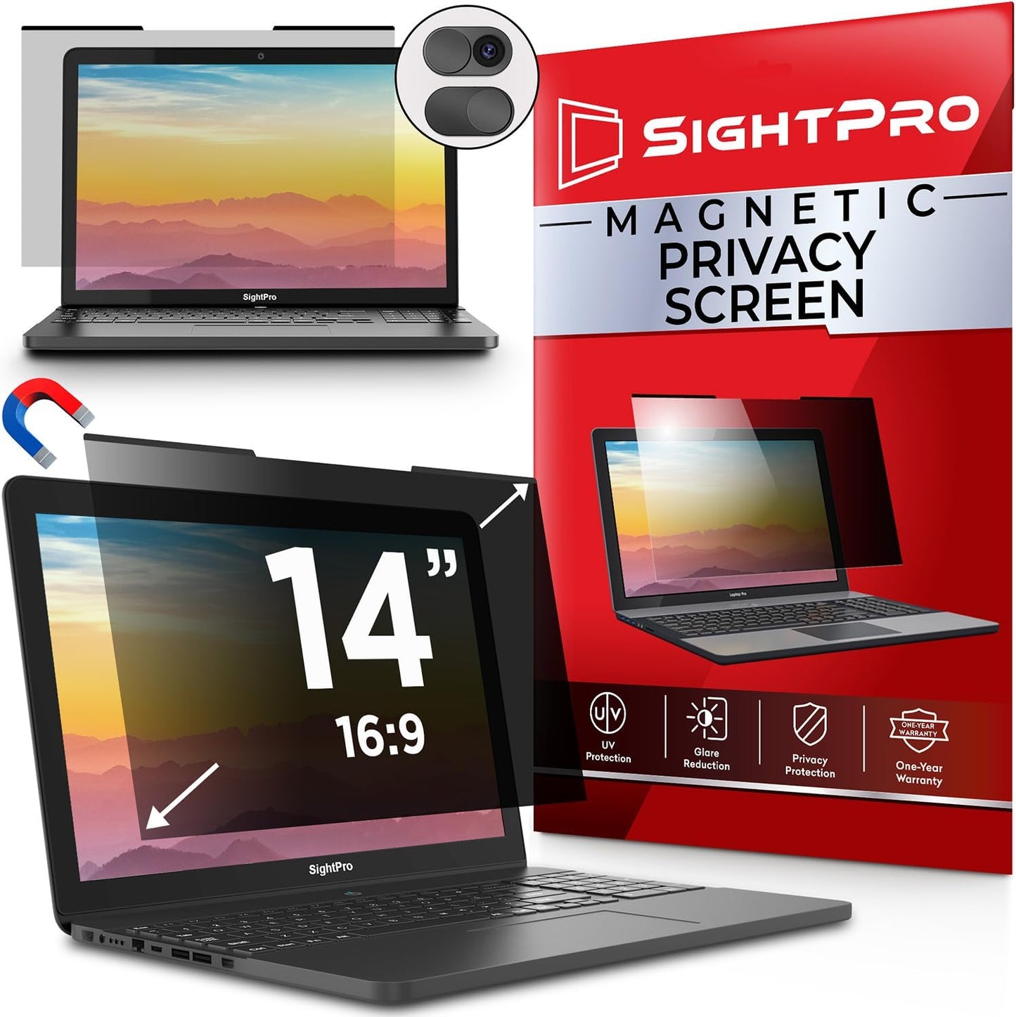 SightPro Magnetic Laptop Privacy Screen 14 Inch 16:9 - Patented Removable Laptop Privacy Filter Shield and Protector