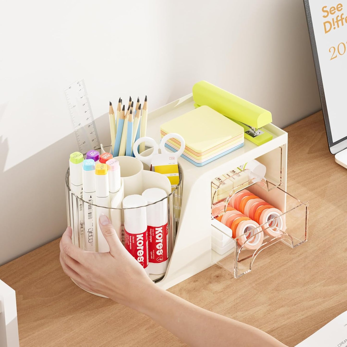 Marbrasse Desk Organizer with 2 Drawer, 360°Rotating Pen Holder, Desk Organizers and Accessories with 6 Slots Pencil Holder + 2 Drawer, Art Supply Storage Box Caddy for Office (Black)