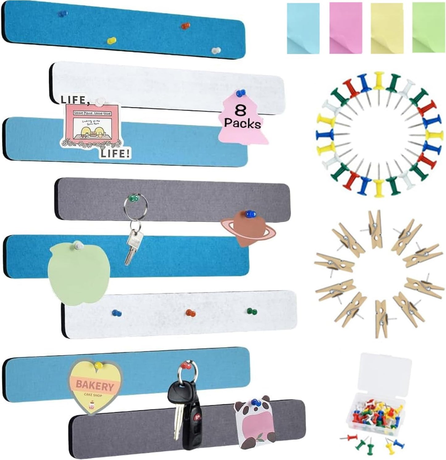 Vuzvuv 8 pcs Bulletin Board Bar Strips with 50 Pushpins & 10 Wooden Clip pins，Self Adhesive Cork Board for Wall，Felt Pin Board for School，Office Decor（Black White Grey）