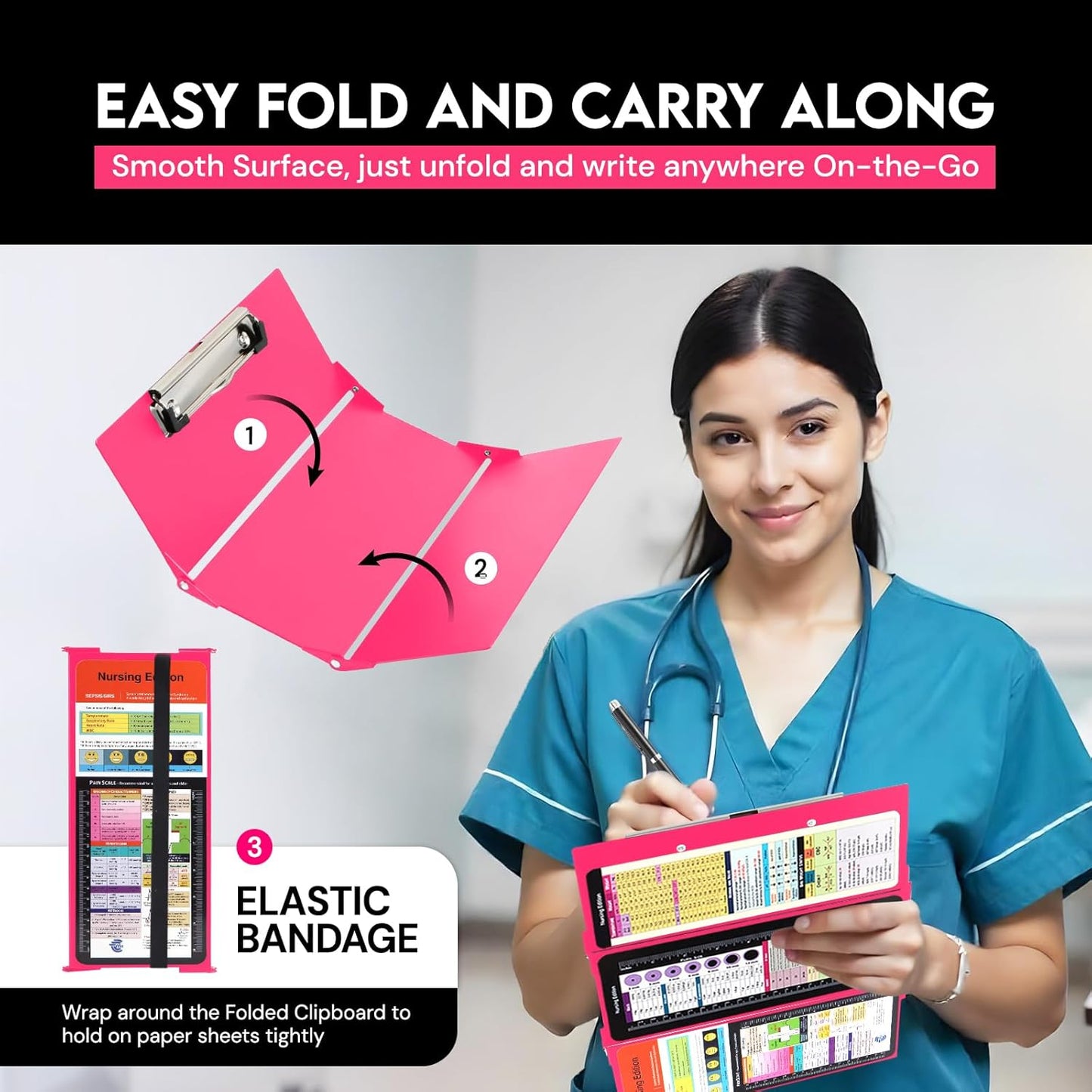 Nursing Clipboard Foldable with Medical Edition Cheat Sheets, 3 Layers Aluminum Foldable Clipboard for Nursing, Notepad for Students, Nursing School Essentials (Black)