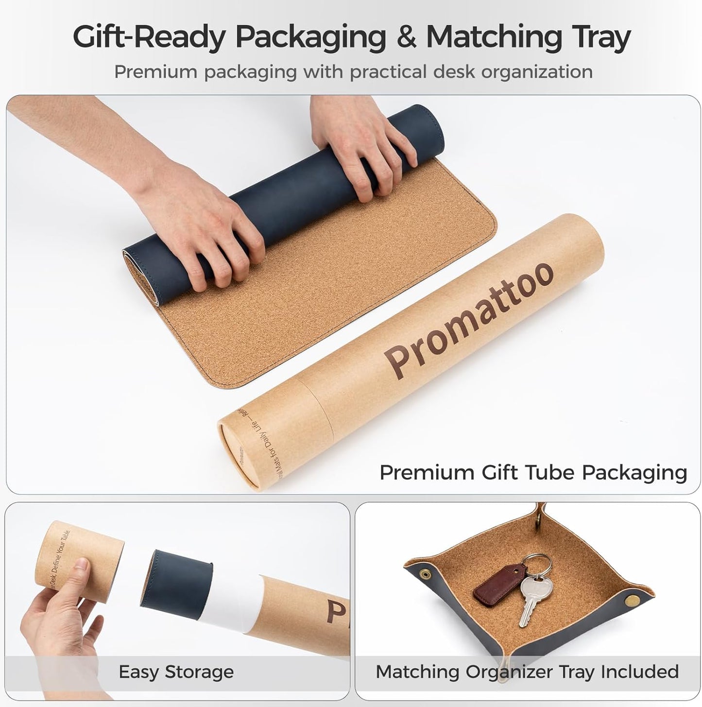 Premium Faux Leather Desk Mat & Tray Set，Innovative Cork-Look Printed Base，Gift Tube Packaging，Full-Desk Coverage，Non-Slip Desk Pad for Office Home（Olive Green）