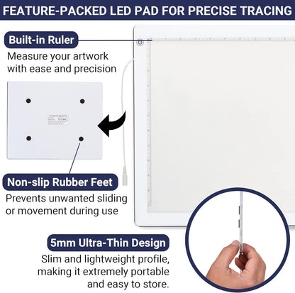 LED Tracing Light Box, 19" Ultra-Thin Light Pad with Adjustable Brightness, Includes USB Cable, Adapter, Paper, and Clip. Portable Drawing Board for Sketching, Cricut Projects, and More