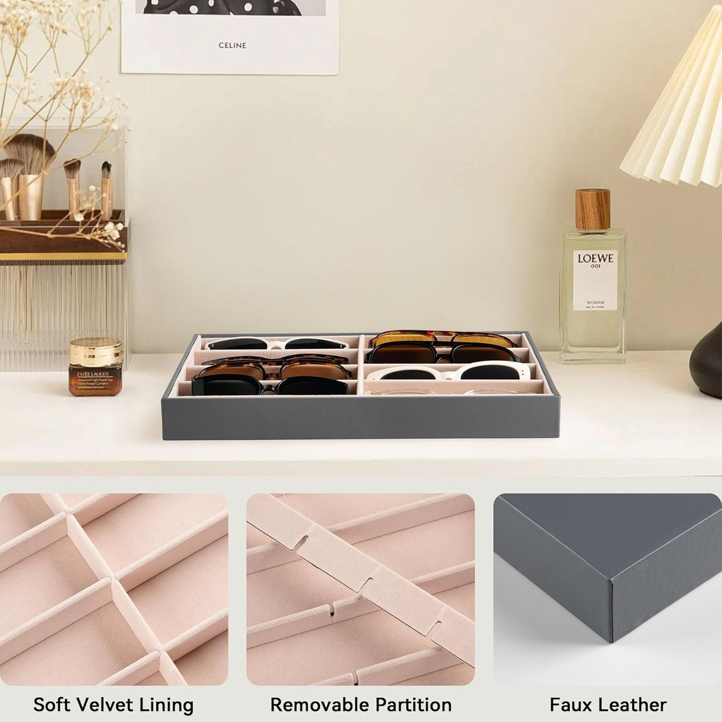 Frebeauty Sunglass Organizer,PU Leather Glasses Organizer,8-Slot Sunglasses Tray,Men's/Women's Sunglasses Box,Sunglass Case,13.3 x 9.6 x 1.5 Inches,Eyeglass/Eyewear Display Tray(Grey)