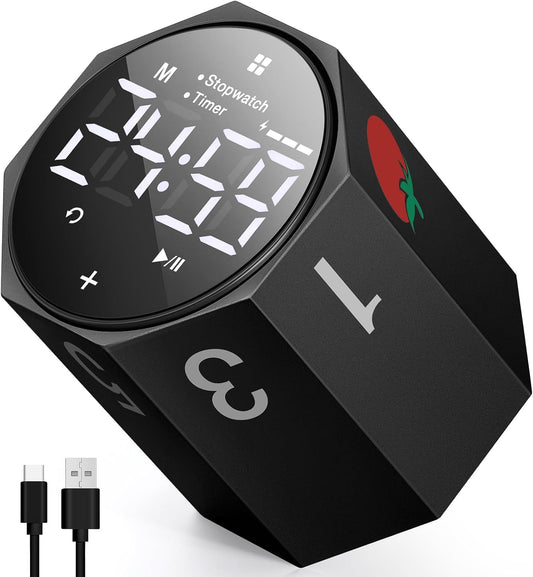 Digital Pomodoro Timer,Frosted Metal Productivity Cube Timer,1.8 in LED Digital Large Screen and Auto-Rotating Display,1/3/5/10/25/30/60min & Custom Time, Silent & Alarm,for Office, Study, Work(Grey)