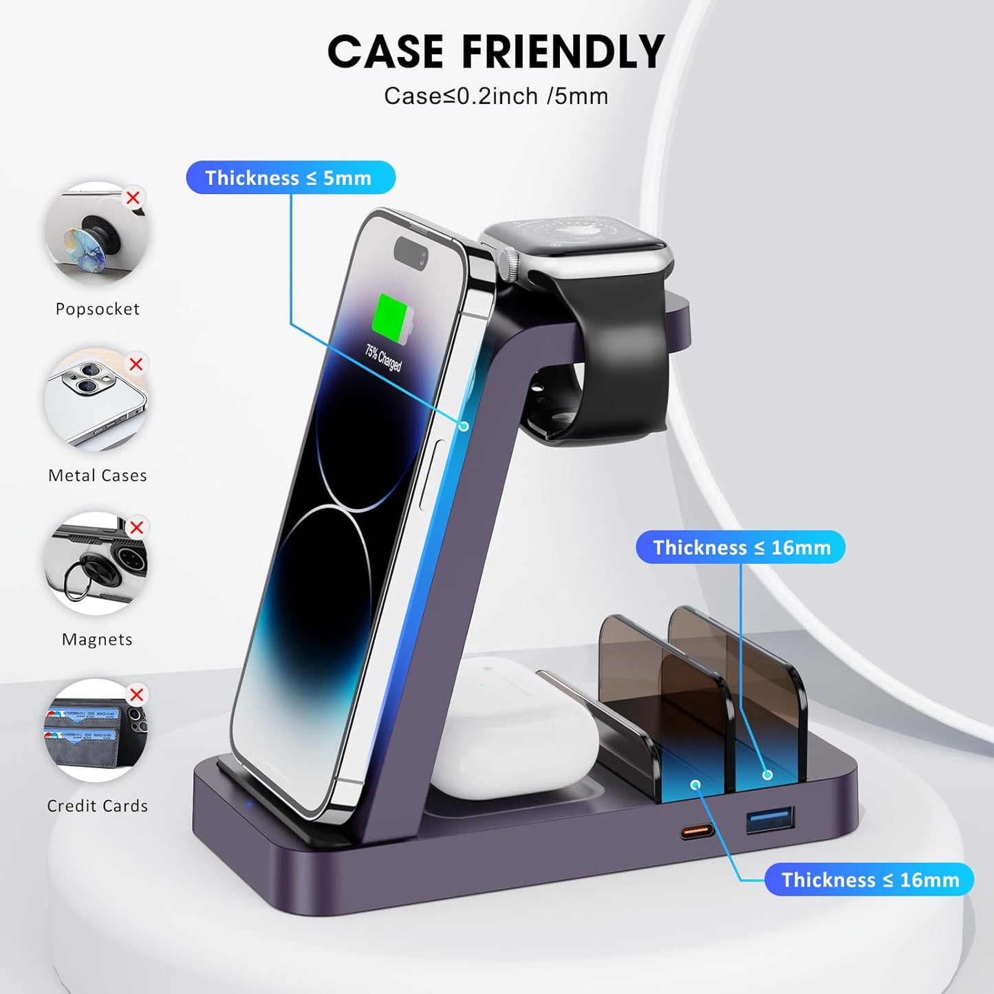 Wireless Charger for iPhone - 5 in 1 Charging Station for Multiple Devices Apple: Fast Wireless Charging Stand Dock for iPhone 17 16e 16 15 14 13 12 Pro Max Apple Watch Airpods