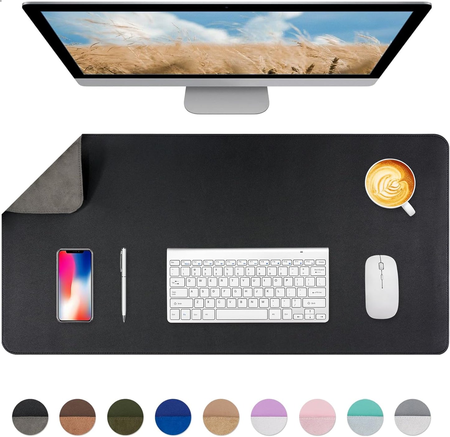 Dual-Sided Desk Pad, Large Mouse Pad - Natural Cork & PU Leather Non-Slip Waterproof Desk Mats for Office and Home (Blue, 31.5" x 15.7")