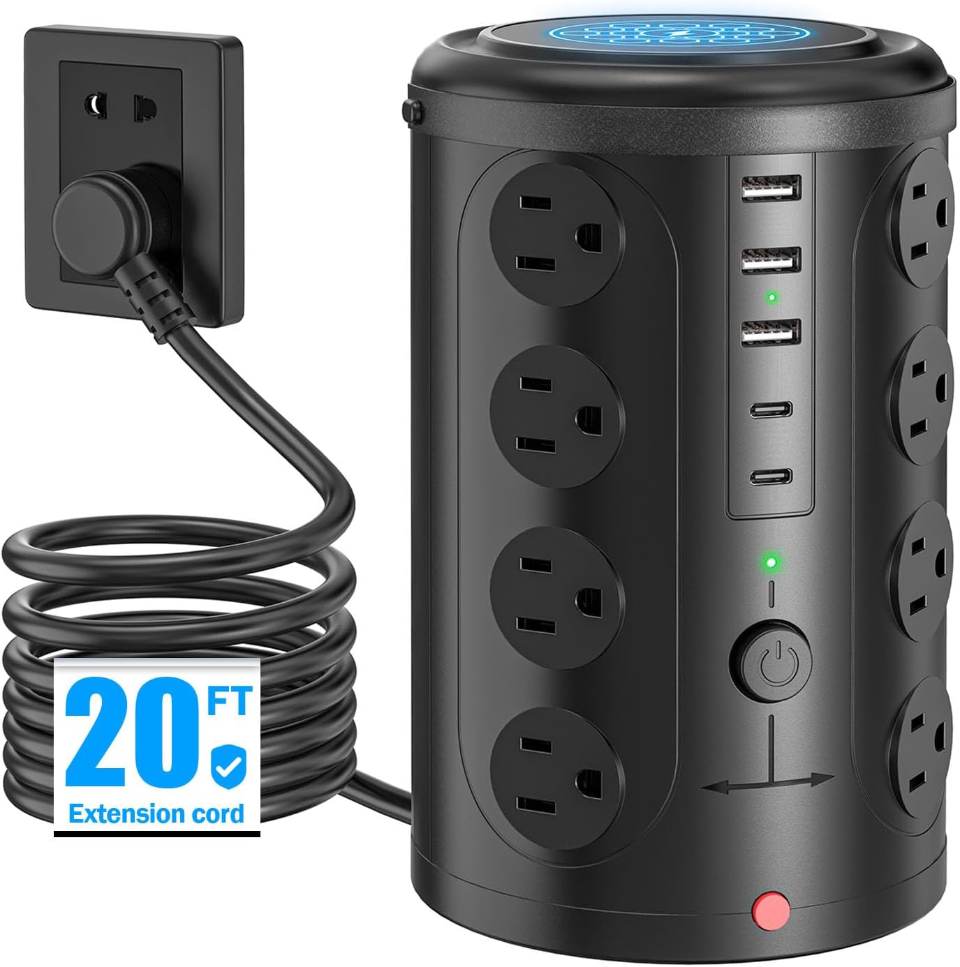 Tower Power Strip Surge Protector with 16 Outlets and 5 USB Ports (2 USB-C), 6FT Extension Cord with Multiple Outlets,Heavy Duty Charging Station,Home Office Dorm Room Essentials. No Wireless Charging