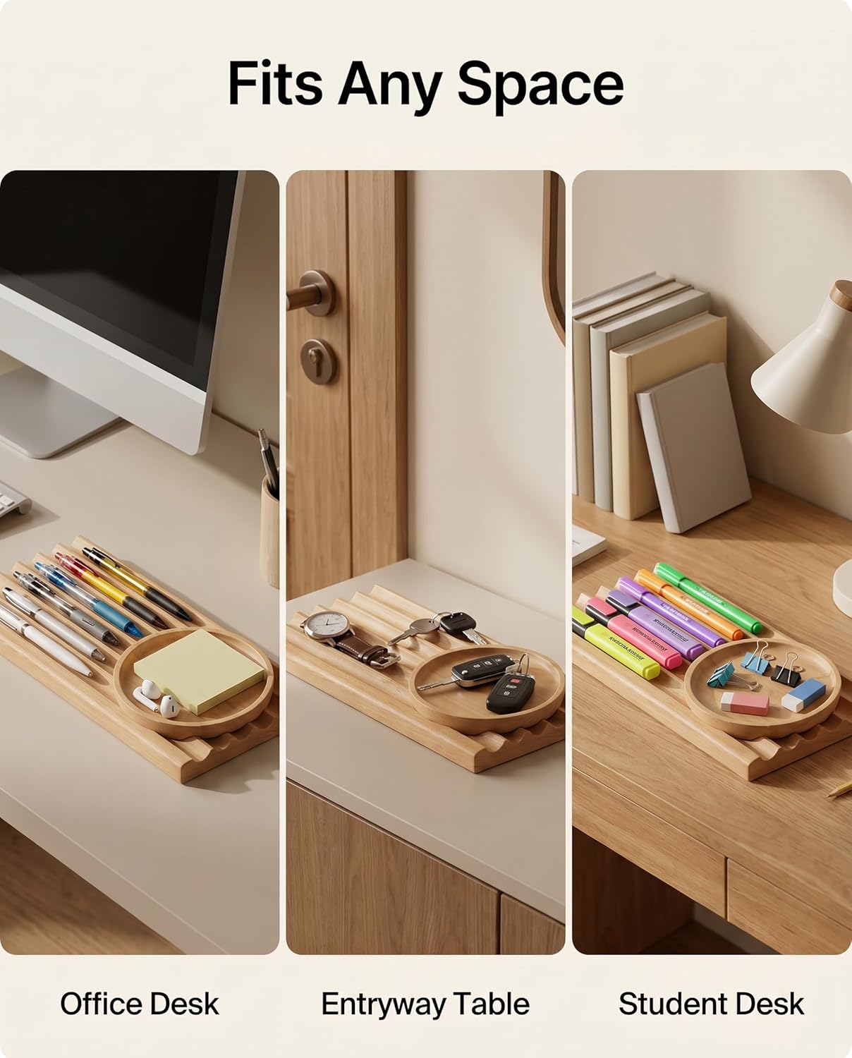 Horizontal Pen Holder for Desk, Walnut Pen Holder with 5 Compartments,Pen Tray Office Accessory, Teacher Gifts, Suitable for School, Home,Pen Tray for Desk (Walnut)
