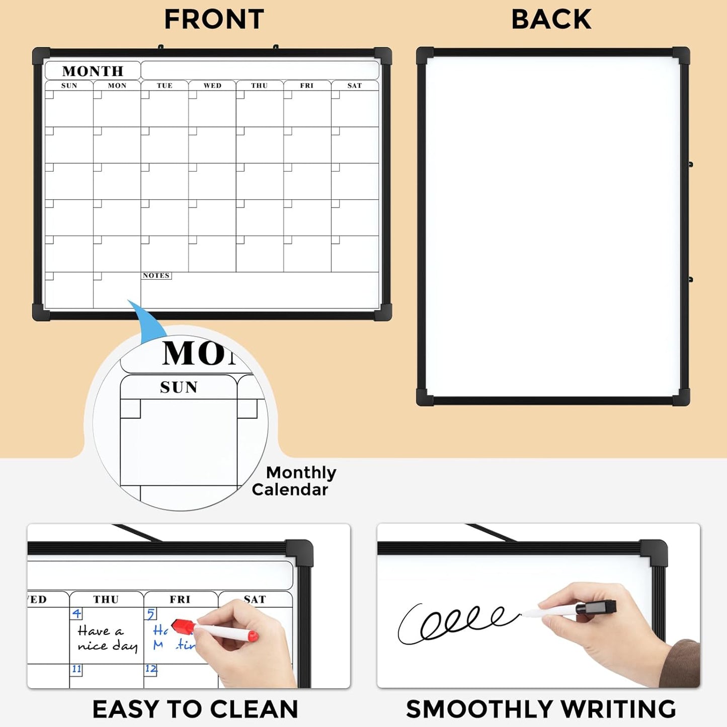MaxGear Monthly Calendar Dry Erase Board for Wall, 16"x12" Small Hanging Double-Sided White Board, Portable Whiteboard for Planning, Drawing, Memo, to Do List, School, Home, Kitchen, Office