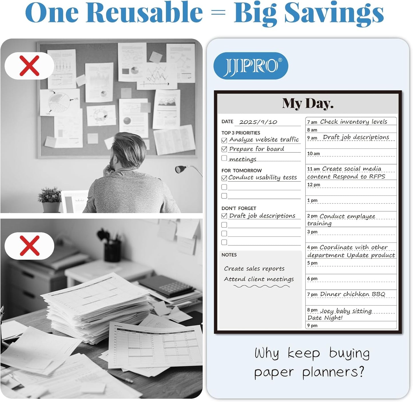 JJPRO Reusable Desktop Daily Planner with Stand,Reusable Time Schedule Board,11"x8.5" Hourly Schedule Dry Erase Board with Time Slots,Desk Hourly Dry Erase Board w/Engineered Wood Stand-Sage Green