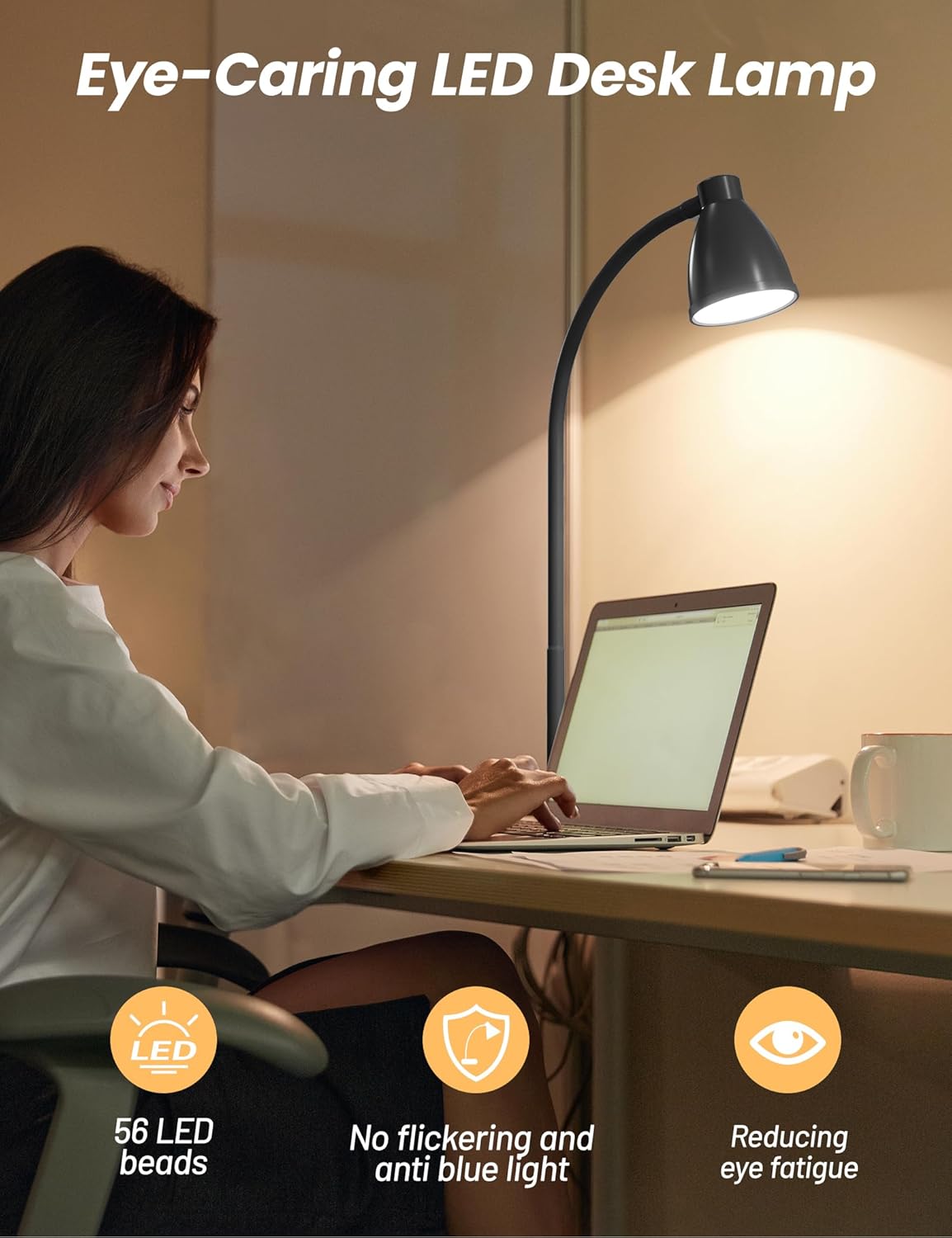 BOHON LED Desk Lamp with USB Charging Port, 3 Color Modes Dimmable Reading Lamp, Auto Dimming Task Lamp, Flexible Neck Table Light for Dorm Bedside, Adapter Include, White