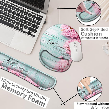 Mouse Pad with Wrist Support, Ergonomic Gel Mouse Pad Beautiful Flowers,Pink Hyacinths on Wood Panel，Non-Slip Durable, Memory Foam Keyboard Wrist Rest, Suitable for Office Typing Games