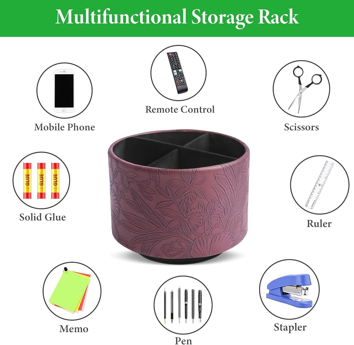 Round Leather Art Supply Organizer,Remote Control Holder,360 Degree Rotating,Multi-Functional Pencil Holder,4 Compartments Desktop Stationary Organizer(1-Fractal Flower) | Round - Colors B