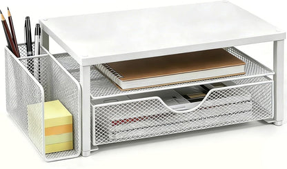 Spacrea Desk Organizer and Accessories, Computer Monitor Stand Riser with Drawer and 2 Pen Holders, Office Desk Accessories & Workspace Organizers for Office Supplies (Wood)