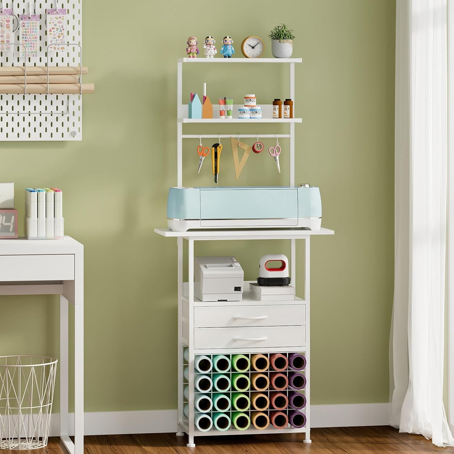 VENNQD Stand Compatible with Cricut Maker and Cricut Explore Air Series Craft Organizers and Storage with 2 Fabric Drawer and Shelves Crafting Table with Vinyl Roll Holder Workstation, White