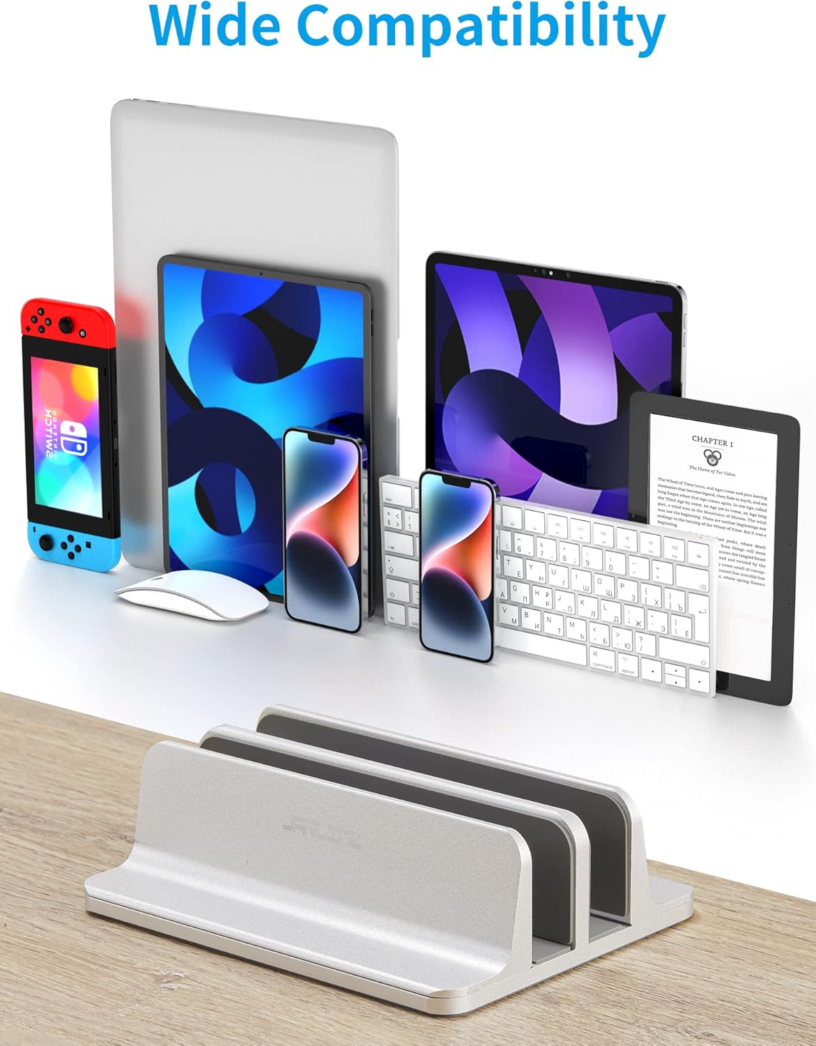 JARLINK Vertical Laptop Stand Holder, Aluminum Double Desktop Stand Holder with Adjustable Dock (Up to 17.3 inch), Compatible with MacBook, Surface, Chromebook, and Gaming Laptops, Silver