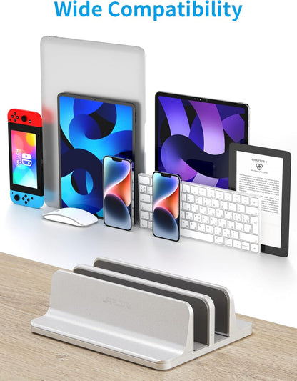 JARLINK Vertical Laptop Stand Holder, Aluminum Double Desktop Stand Holder with Adjustable Dock (Up to 17.3 inch), Compatible with MacBook, Surface, Chromebook, and Gaming Laptops, Silver
