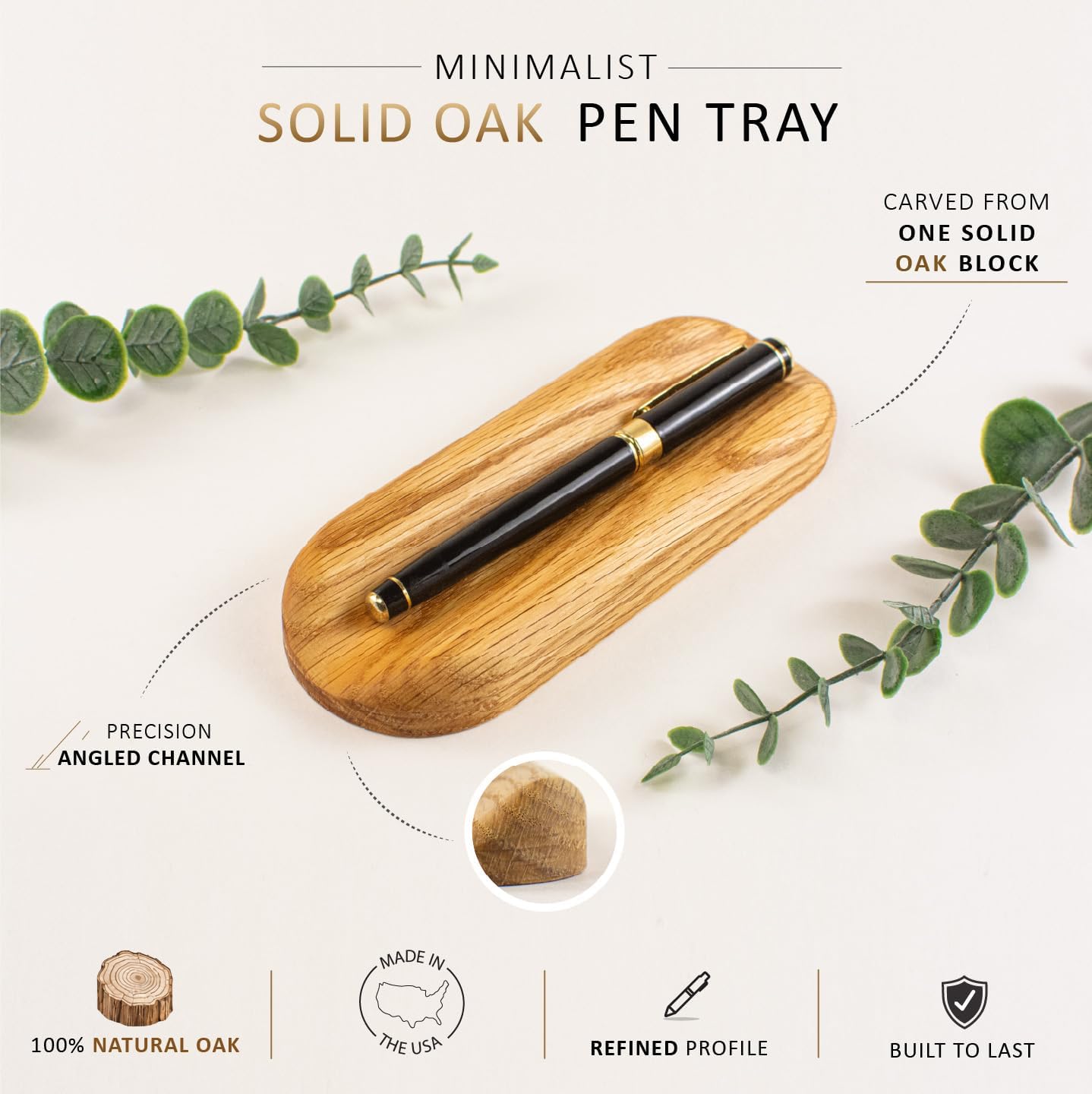 Solid Oak Single Pen Tray, Minimalist Desk Organizer, Natural Wood, Handcrafted, Precision Angled Channel