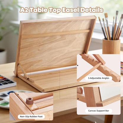 Wooden Tabletop Easel for Painting, Adjustable Table Top Artist Drawing Board for Adults, Students, 5-Position Art Easel Stand 25.6" x 18.9" Drafting Board with A3 Sketch Paper, A2