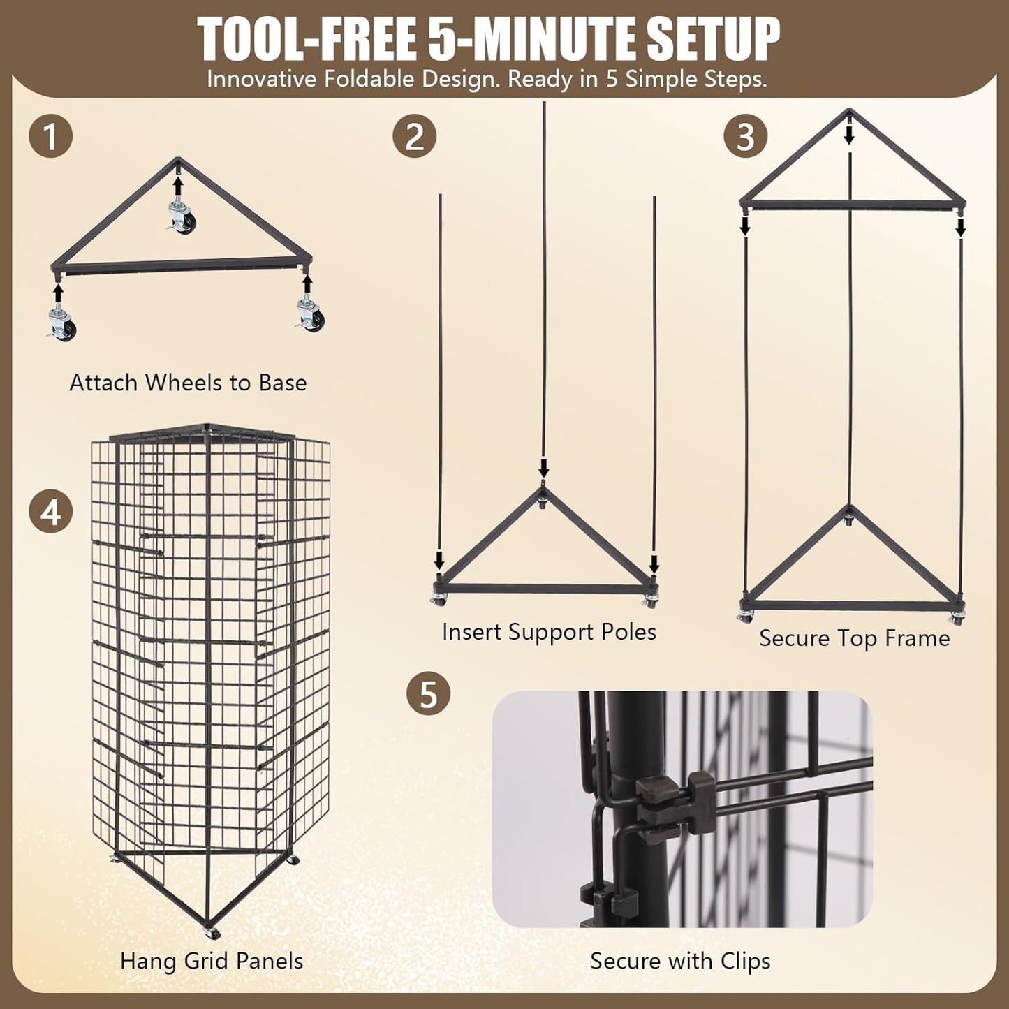 Grid Wall Panels Foldable Gridwall Display Stand 3-Sided Triangular with Wheels, Rolling Wire Grid Tower for Craft Show, Retail & Vendor Event(24" x 68")