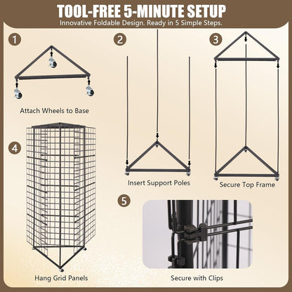 Grid Wall Panels Foldable Gridwall Display Stand 3-Sided Triangular with Wheels, Rolling Wire Grid Tower for Craft Show, Retail & Vendor Event(24" x 68")
