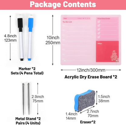 LeMotech Desktop Acrylic Dry Erase Board, 12x10 inches to-Do List Planner, Tabletop Whiteboard with Stand Office Supplies Includes 2 Markers & 1 Eraser, Pink Rose Pattern, 1 Pack