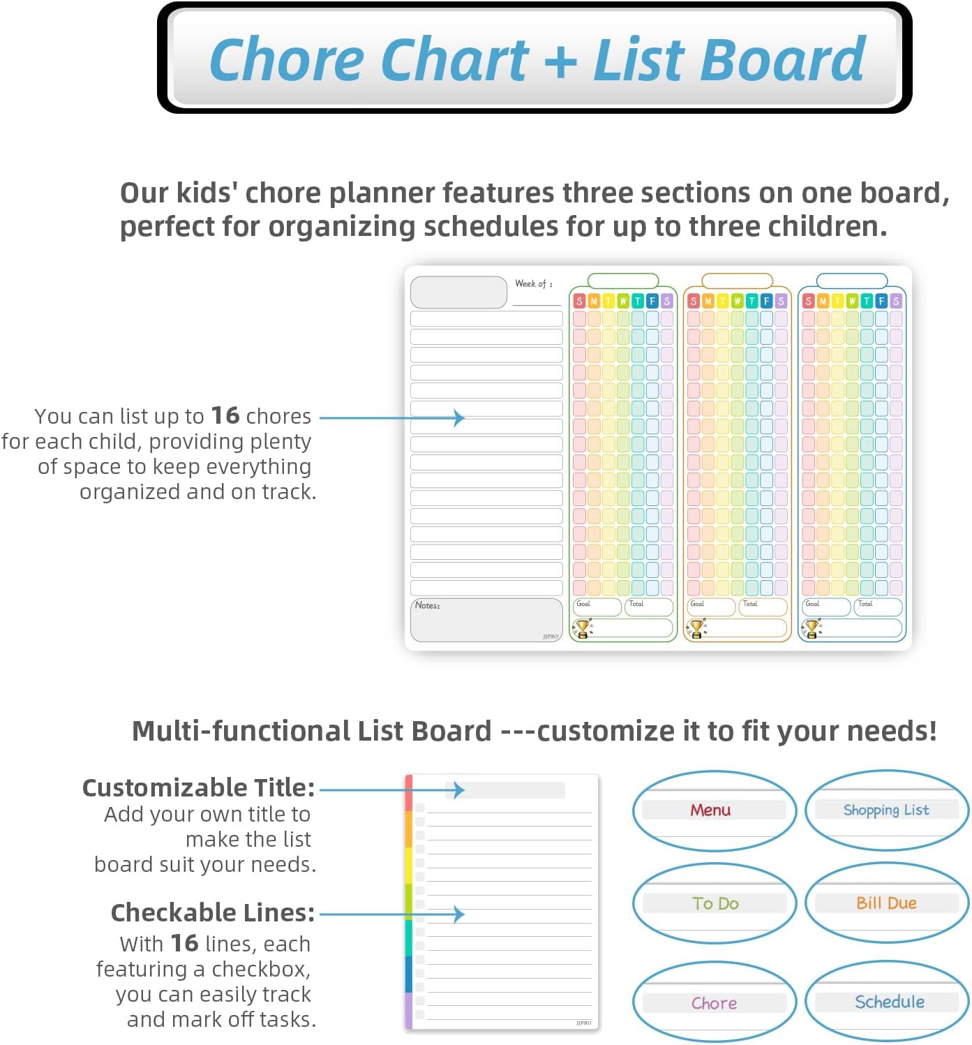 JJPRO Magnetic Dry Erase Chore Chart for Adults:Large Whiteboard16 x19-Chore Chart,Calendar,Meal Board Notes All-in-One,Behavior Chart,Teenagers,White