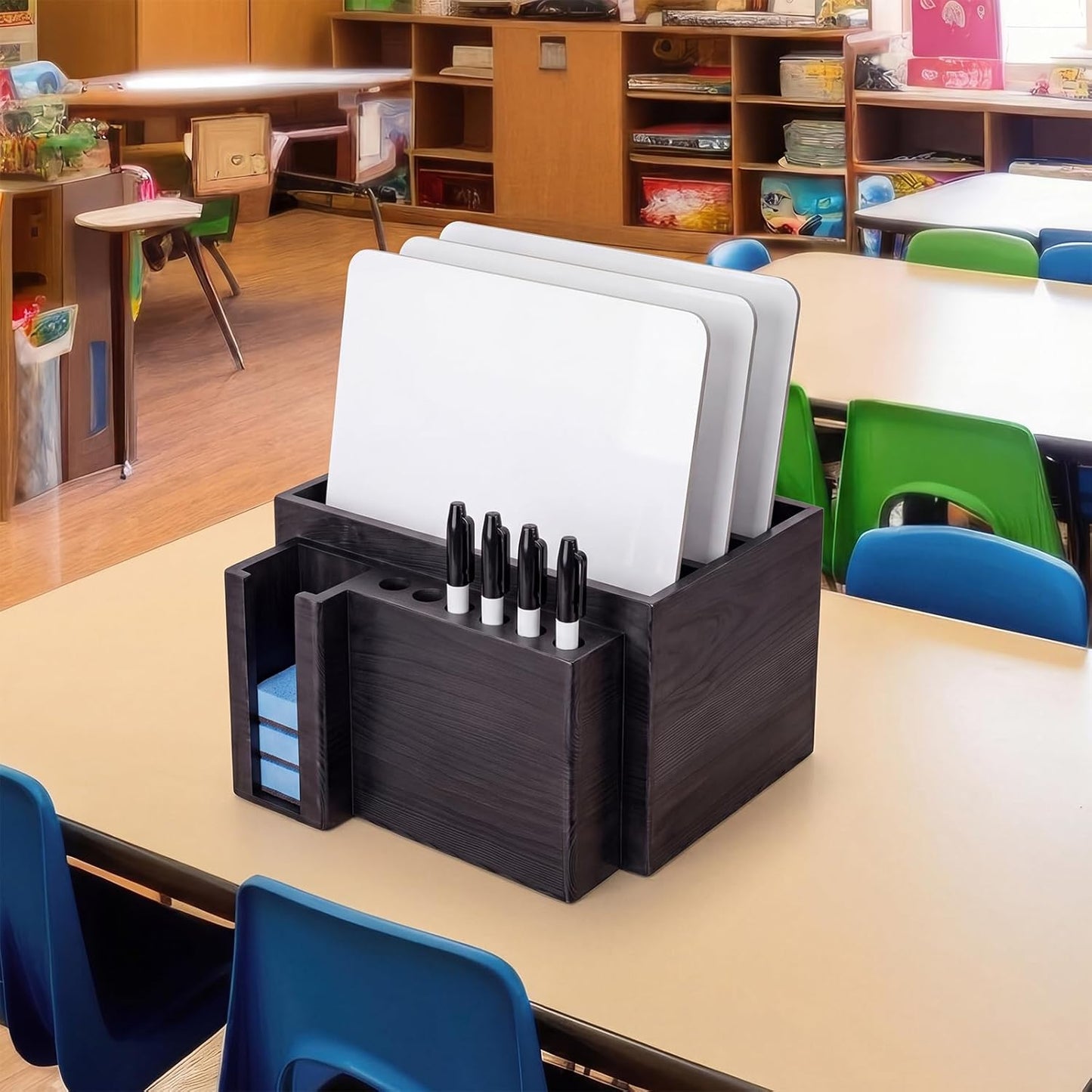Novabright 10" x 9.75" x 6" Classroom Dry Erase Lapboard Storage Wooden Black Whiteboard Organizer hold up 6 dry erase board 6 Slot Pen 6 Erasers Storage for Desktop School, Office and Home, Classroom