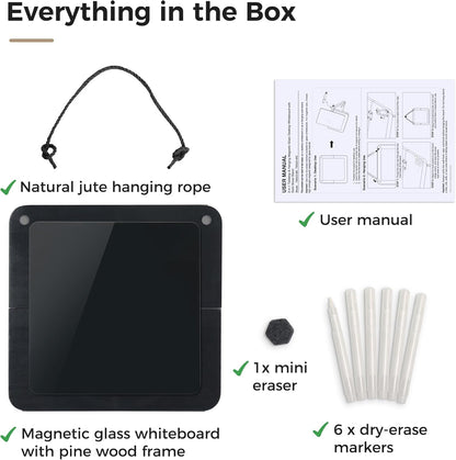 Magnetic Glass Desktop Whiteboard with Solid Wood Stand, Adjustable Foldable Mini Dry Erase Board, 2-in-1 Tabletop & Hanging Glassboard with Rustic Rope, Reusable Home Office School, Black and Square
