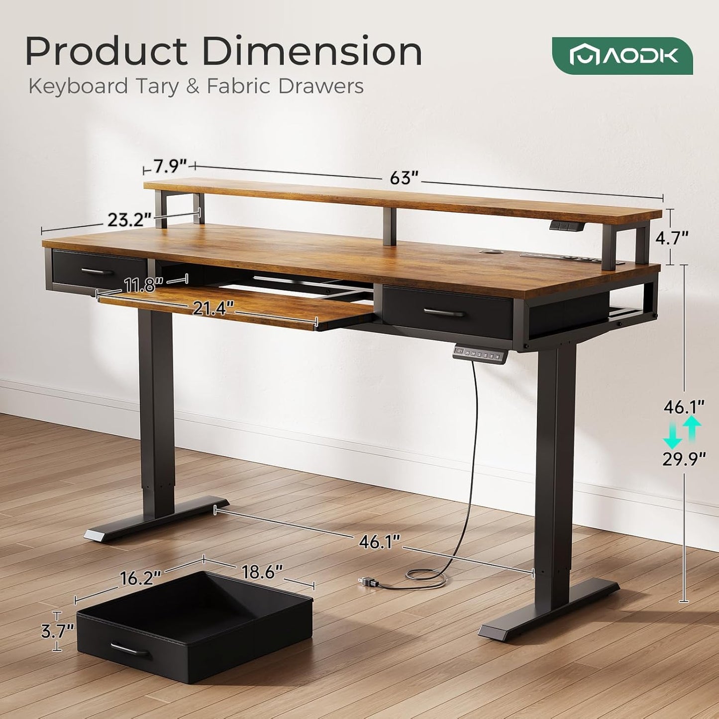 AODK Electric Standing Desk with Drawers & Keyboard Tray, 55 Inch Height Adjustable Gaming Desk with Power Outlets & LED Lights, Sit Stand Table with Monitor Stand for Home, Office, Rustic Brown
