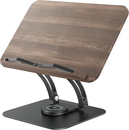 Tounee Book Stand for Reading, Adjustable Book Holder with 360° Swivel Base, Foldable Cookbook Stand Recipe Book Holder with Elastic Page Clips for Music Scores, Recipe, Tablet, Laptop-Gray