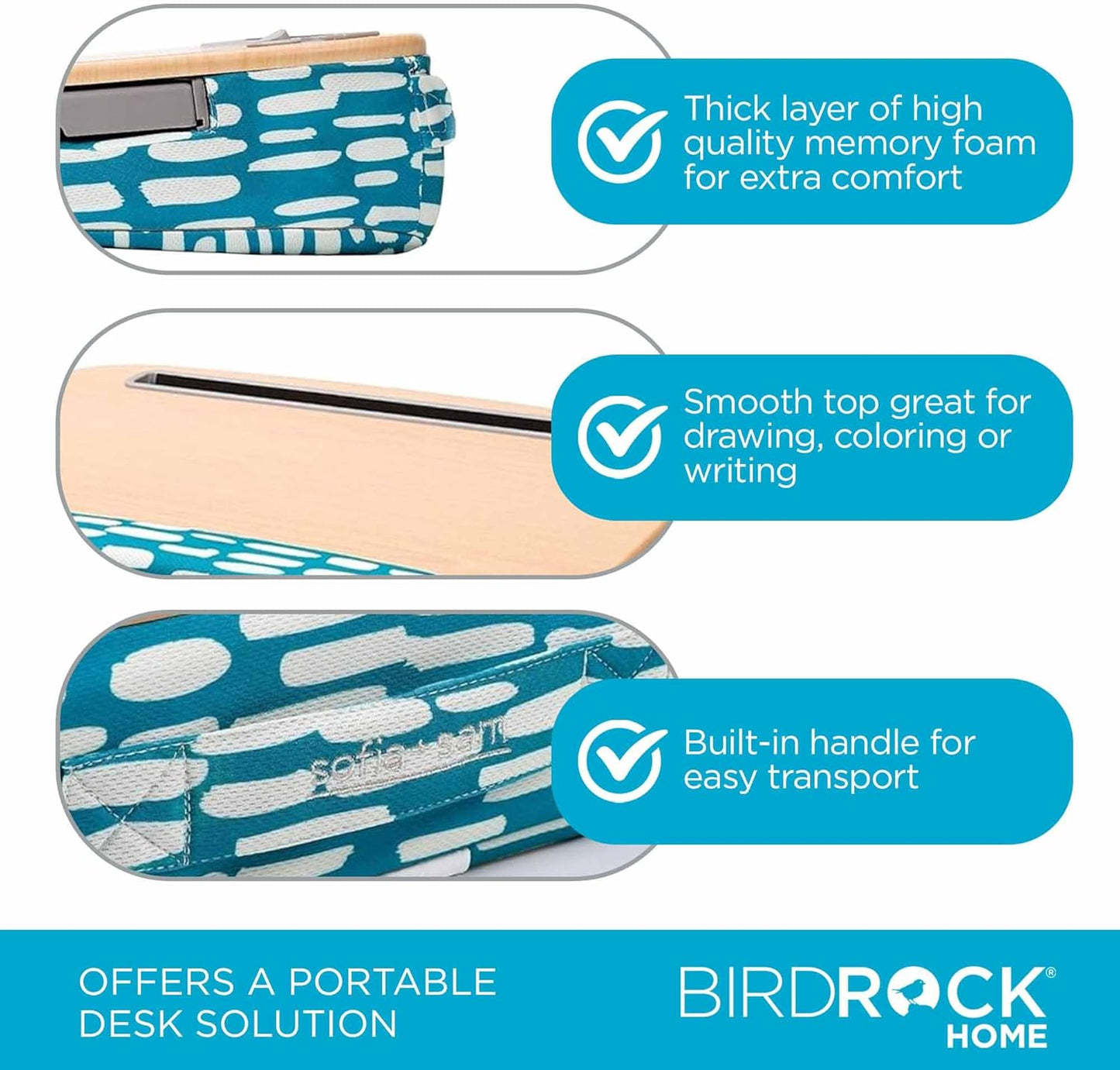 BIRDROCK HOME Deluxe Lap Desk with Pillow Cushion and Wrist Rest - Padded Laptop Desk for Bed, USB Light and Mouse Pad, With Reading Light, Soft Table for Home, Fits Laptops Up to 15" - Teal and Brown