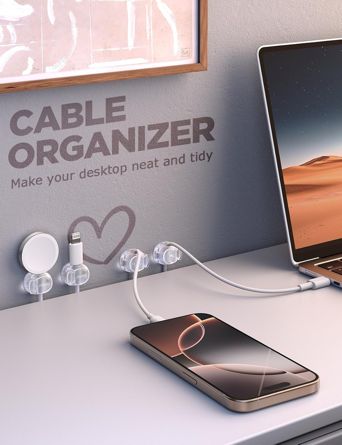 Chfeila 8 Pack Cable Clips [Dual Spring & Clasp] Cable Management, Max Secure Adhesive Cord Organizer, Cord Holder for Nightstand, School Office, College Dorm Essentials, Desk Accessories & Decor
