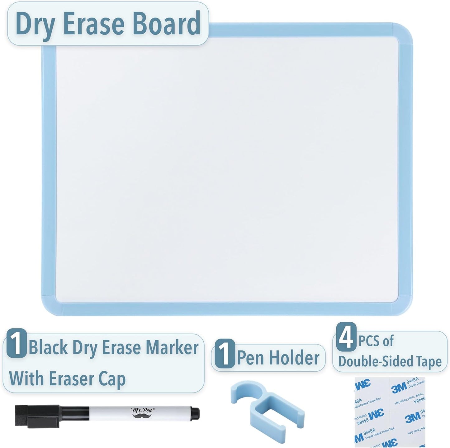 Mr. Pen- Dry Erase Board, 14” x 11” with a Black Dry Erase Marker, White Frame, Small Mini White Board for Students, Fridge, Wall, Locker, Includes Double Sided Tapes